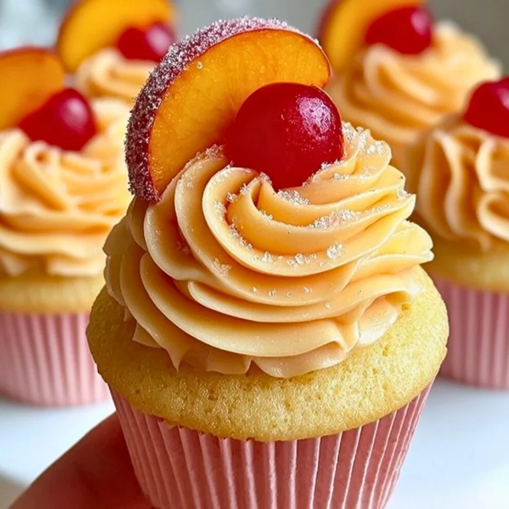 Delicious Peach Bellini Cupcakes topped with peach frosting