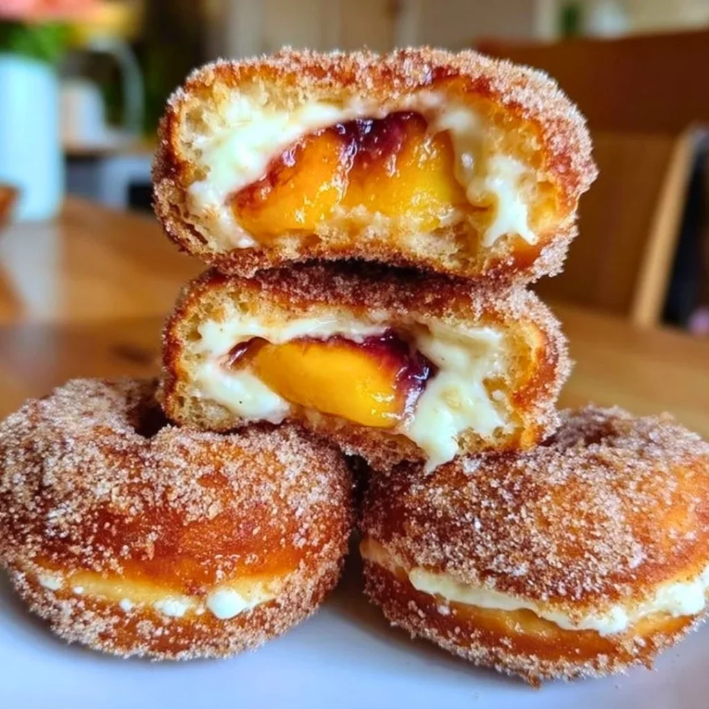 Delicious peach cobbler cheesecake donuts topped with cinnamon and peaches.