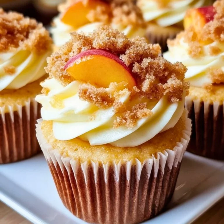 Peach Cobbler Cupcakes topped with peach slices and crumble, showcasing a delightful dessert.