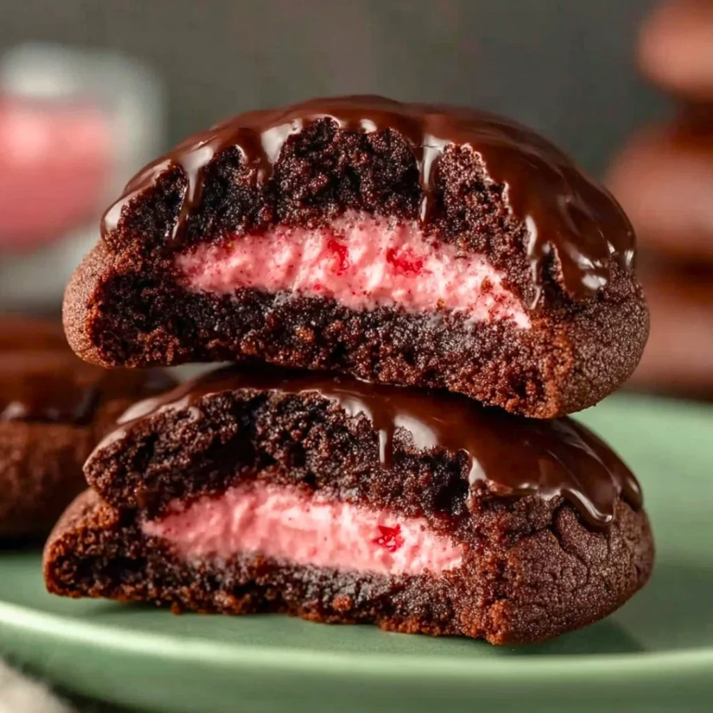 Plate of Perfect Chocolate Covered Strawberry Cookies with chocolate drizzle.