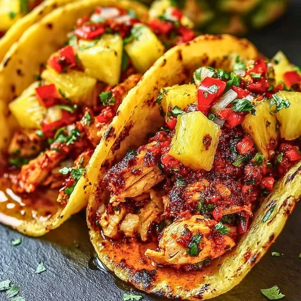 Pineapple Chicken Tacos with fresh ingredients and vibrant toppings