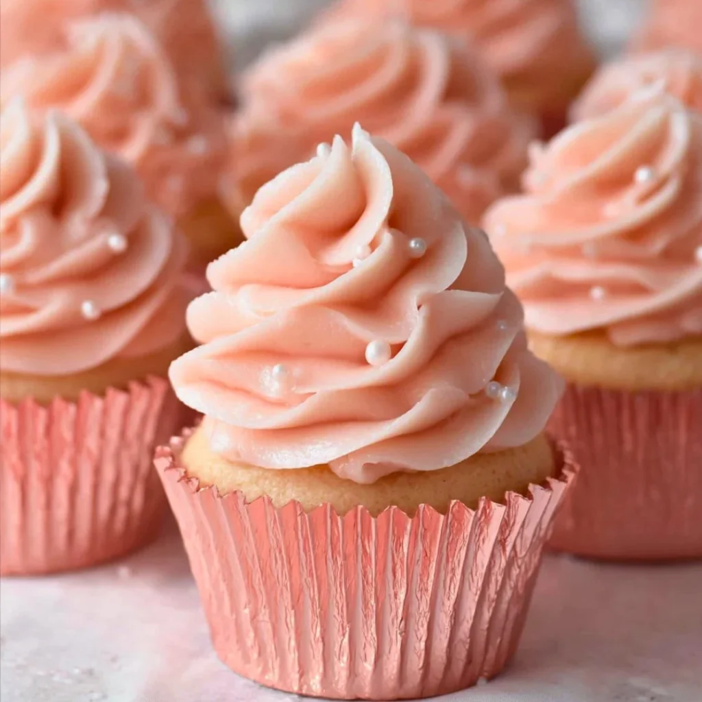 Pink champagne cupcakes topped with sparkling frosting