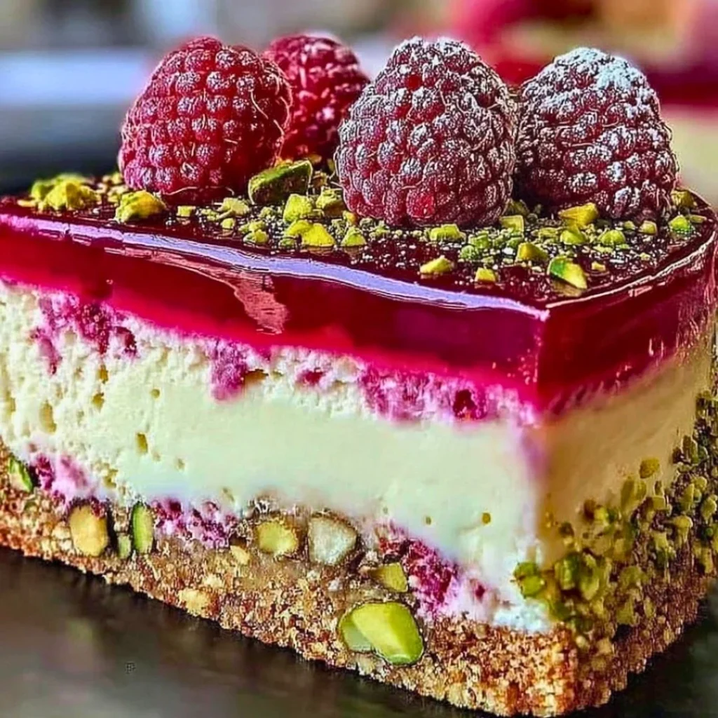 Pistachio Raspberry Crunch Cheesecake slice on a plate