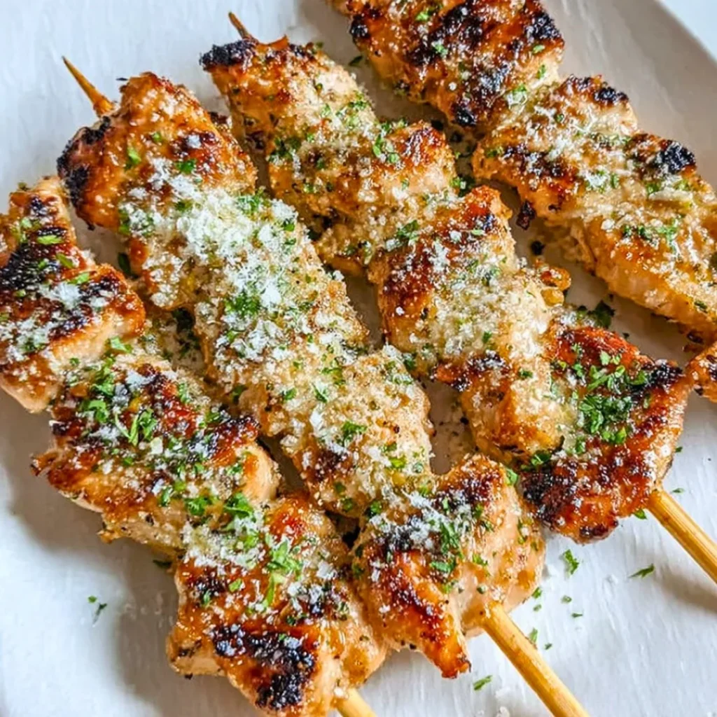 Delicious Ranch Garlic Parmesan Chicken Skewers on a grill