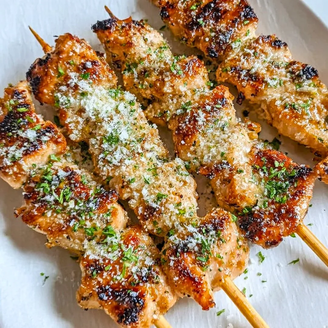 Delicious Ranch Garlic Parmesan Chicken Skewers on a grill
