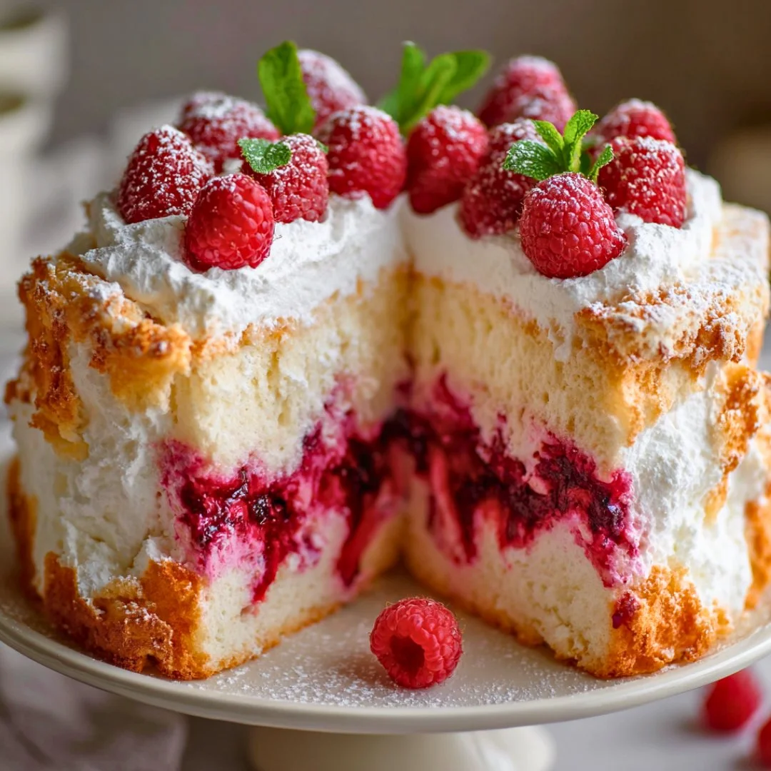 A slice of Raspberry Angel Food Cake topped with fresh raspberries and whipped cream.