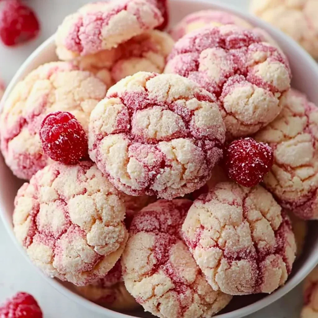 Plate of fresh Raspberry Sugar Cookies with vibrant raspberries on top