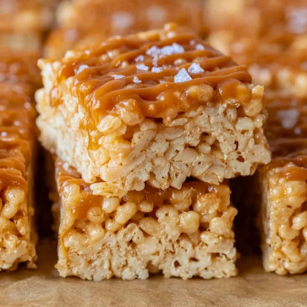 Salted caramel rice Krispie treats topped with melted caramel and sea salt.