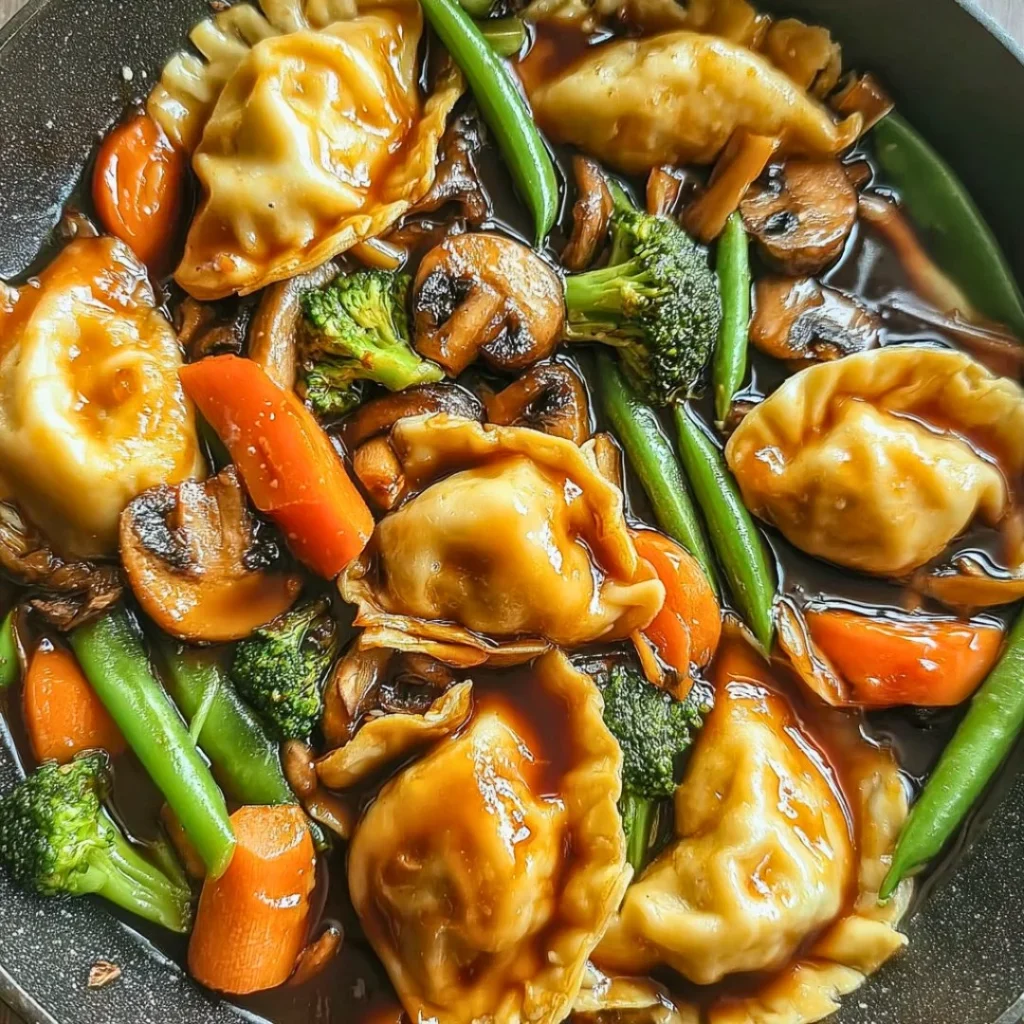 Quick and delicious potsticker stir fry with colorful vegetables