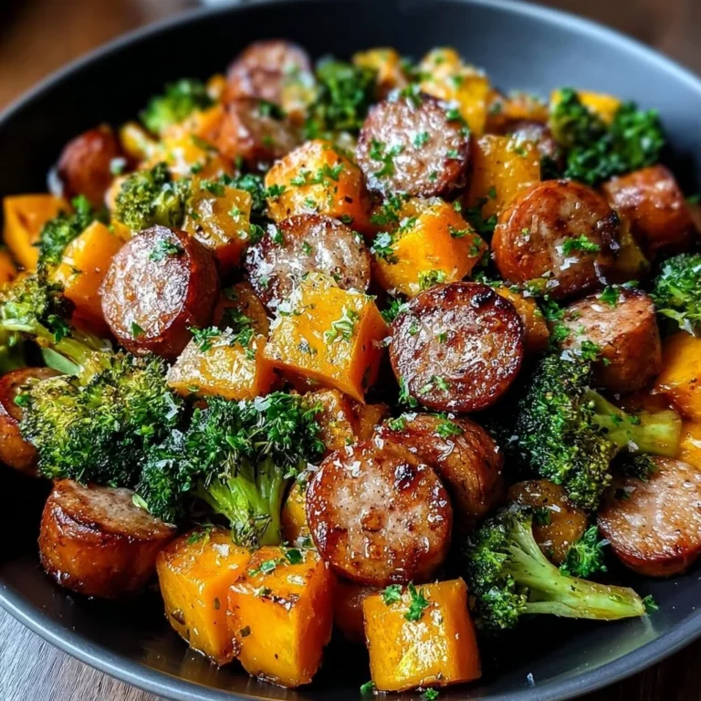 Sheet pan sausage and sweet potatoes drizzled with honey garlic sauce