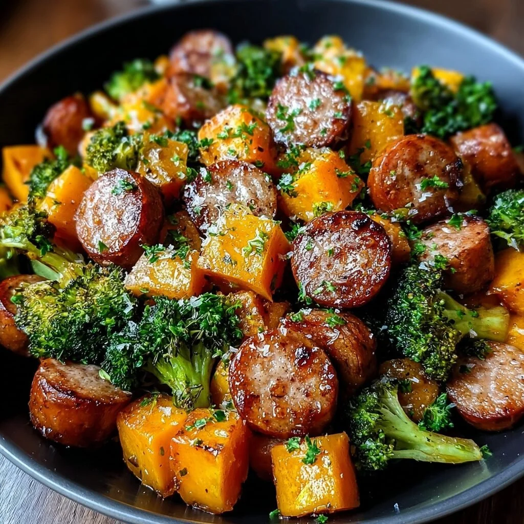 Sheet pan sausage and sweet potatoes drizzled with honey garlic sauce