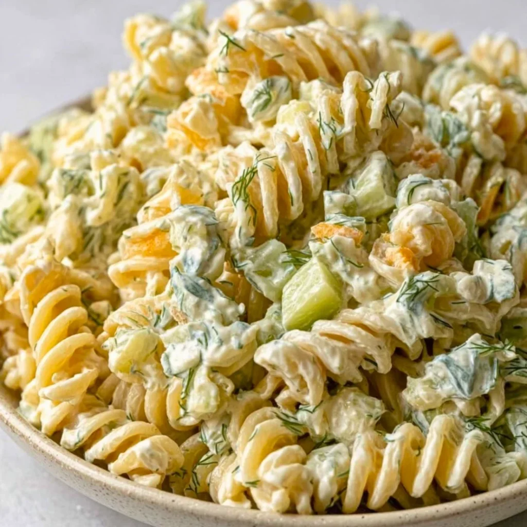 Delicious simple dill pickle pasta salad in a bowl with fresh ingredients