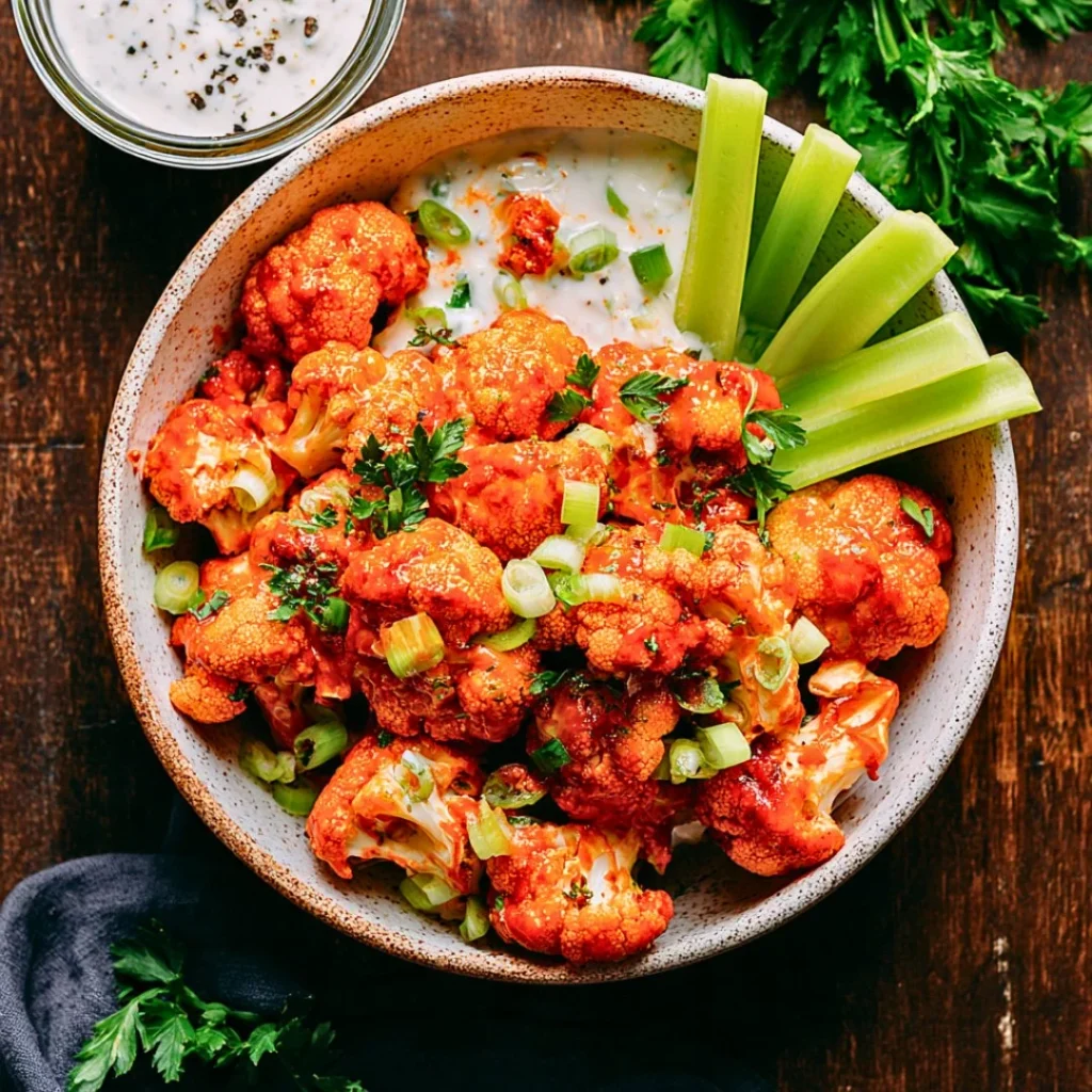 Spicy air fryer Buffalo cauliflower bites served in a bowl