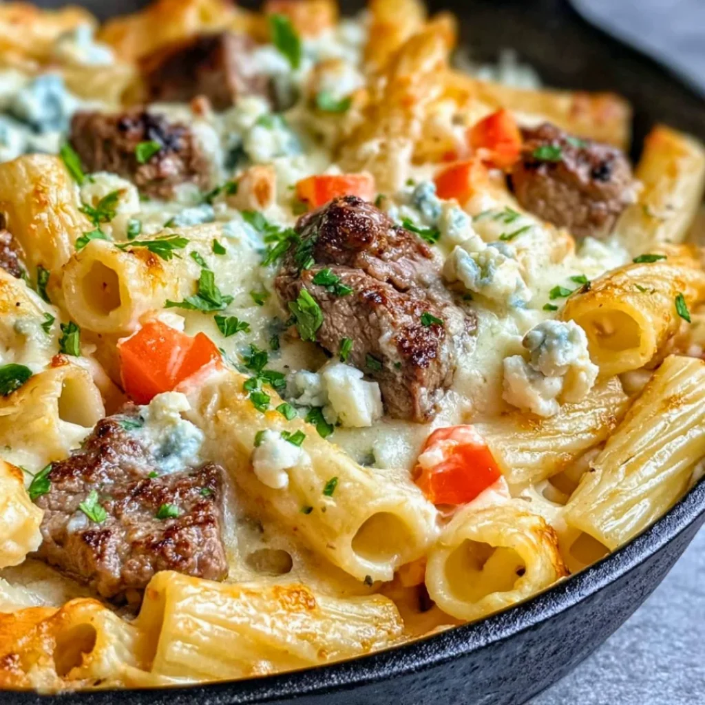 Delicious Steak & Blue Cheese Rigatoni Bake fresh out of the oven