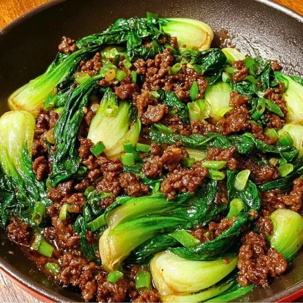 Delicious Stir-Fried Bok Choy with Beef served in a colorful bowl