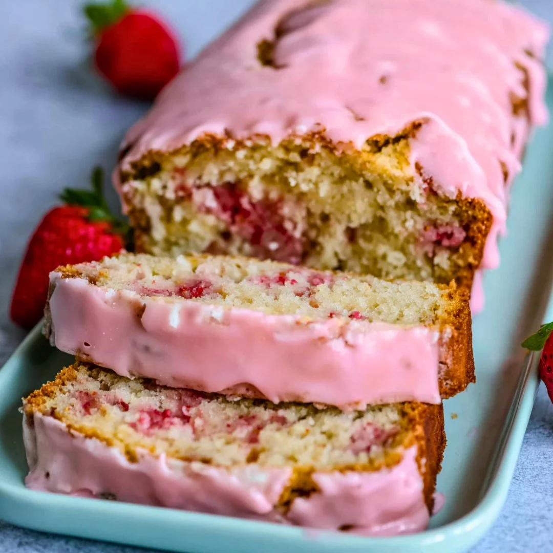 Delicious slice of homemade Strawberry Banana Bread with fresh strawberries
