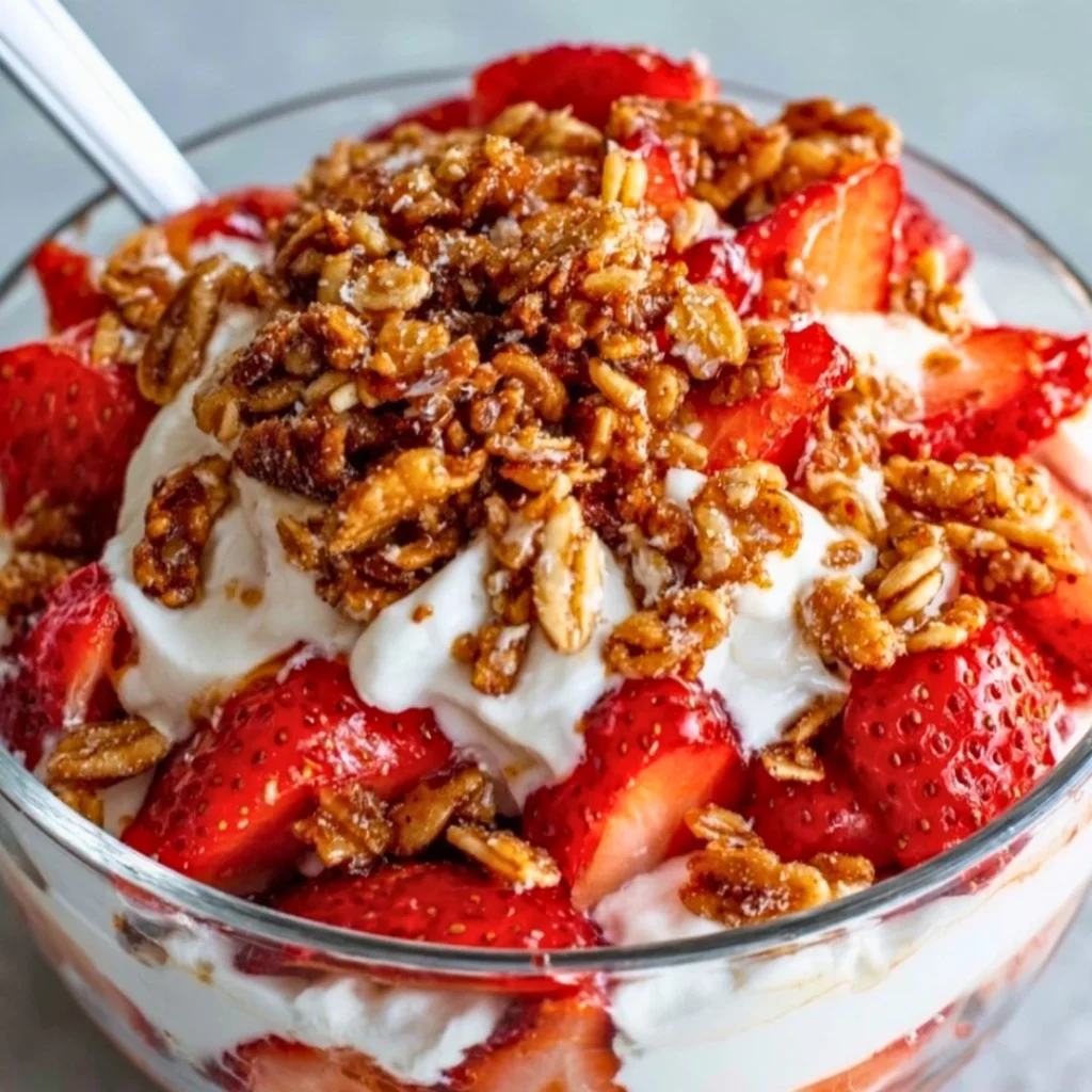 Colorful Strawberry Crackle Salad with fresh strawberries and crunchy toppings