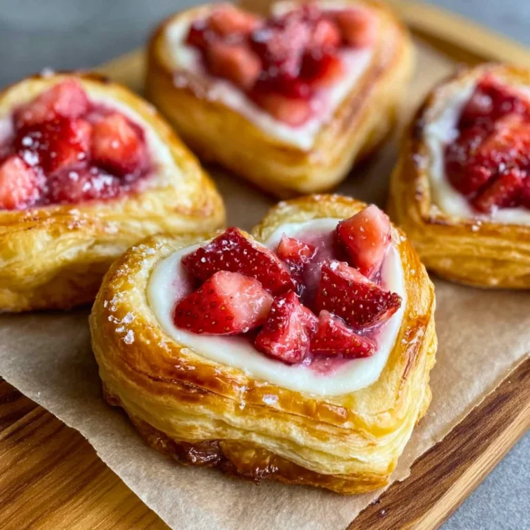 Heart-shaped Strawberry Cream Cheese Danishes freshly baked and ready to enjoy