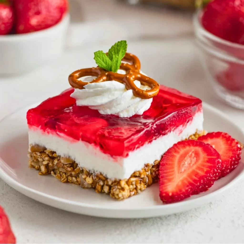 Delicious Strawberry Pretzel Salad featuring layers of strawberries and pretzels