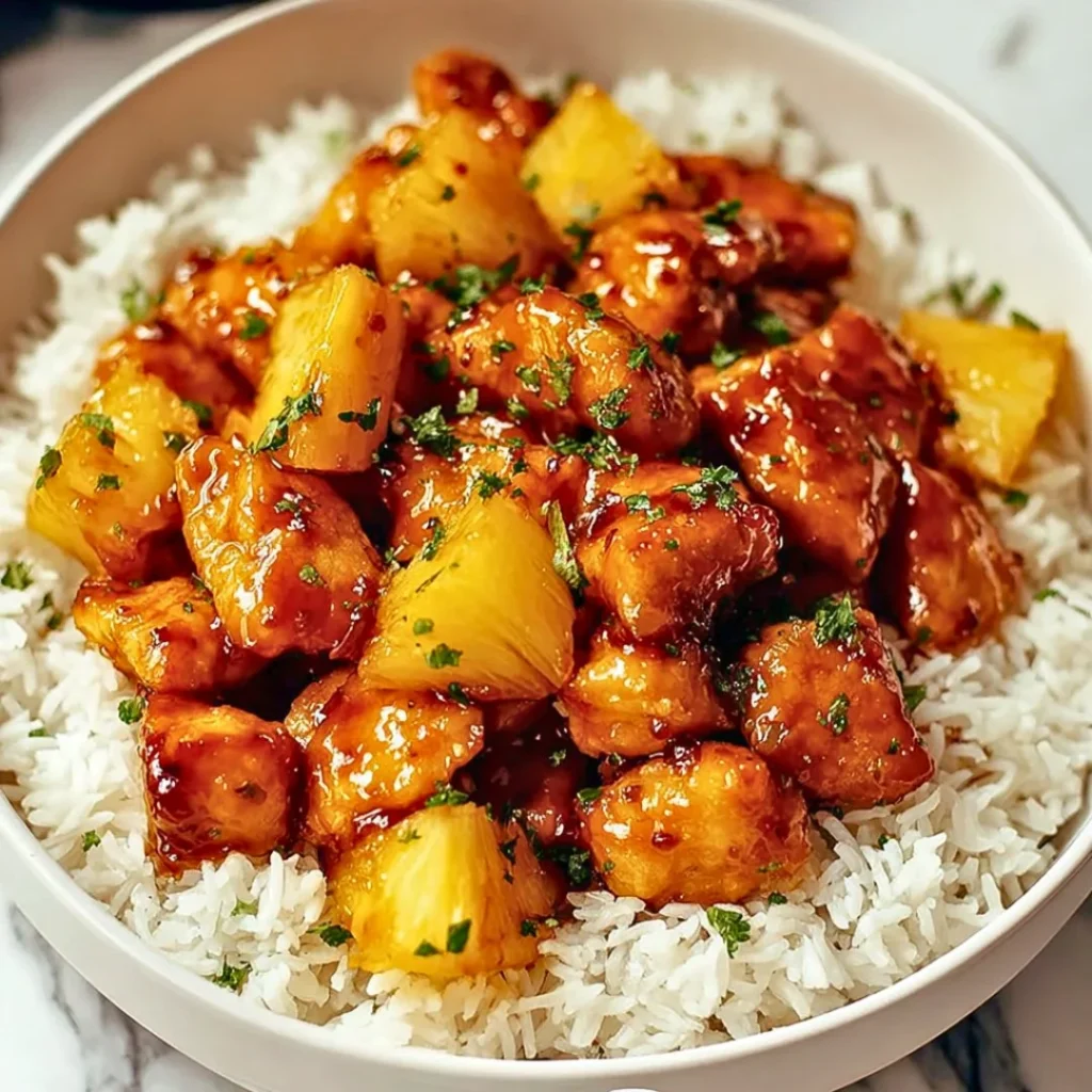 Sweet Pineapple Chicken Stir Fry dish with colorful vegetables