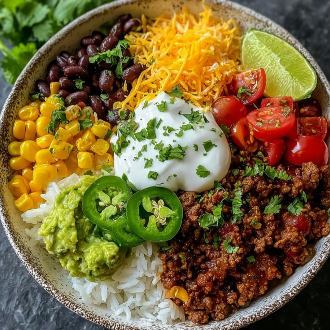 Delicious Taco Rice Bowl with savory ingredients and fresh toppings