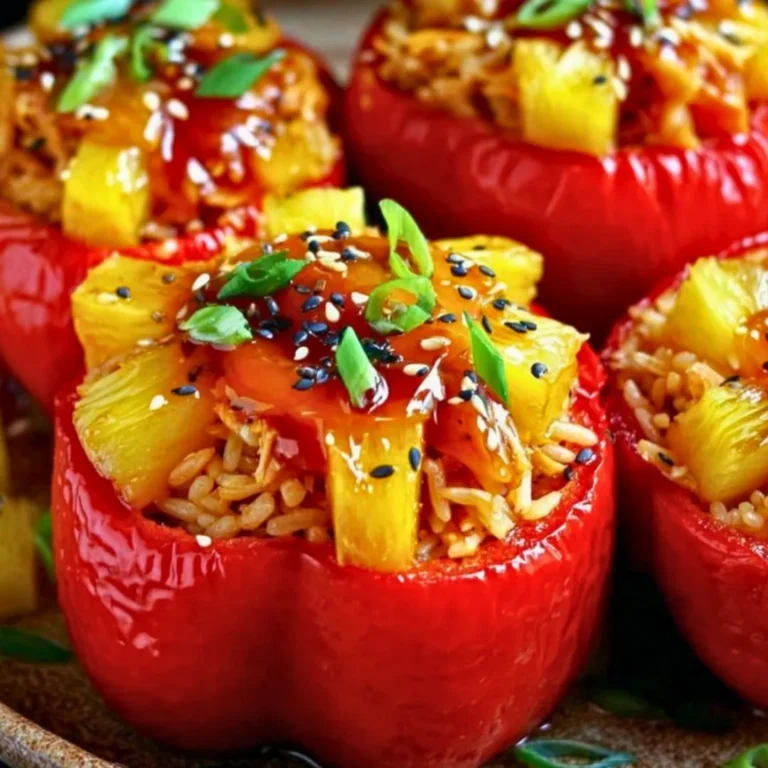 Teriyaki pineapple chicken rice stuffed peppers served on a plate