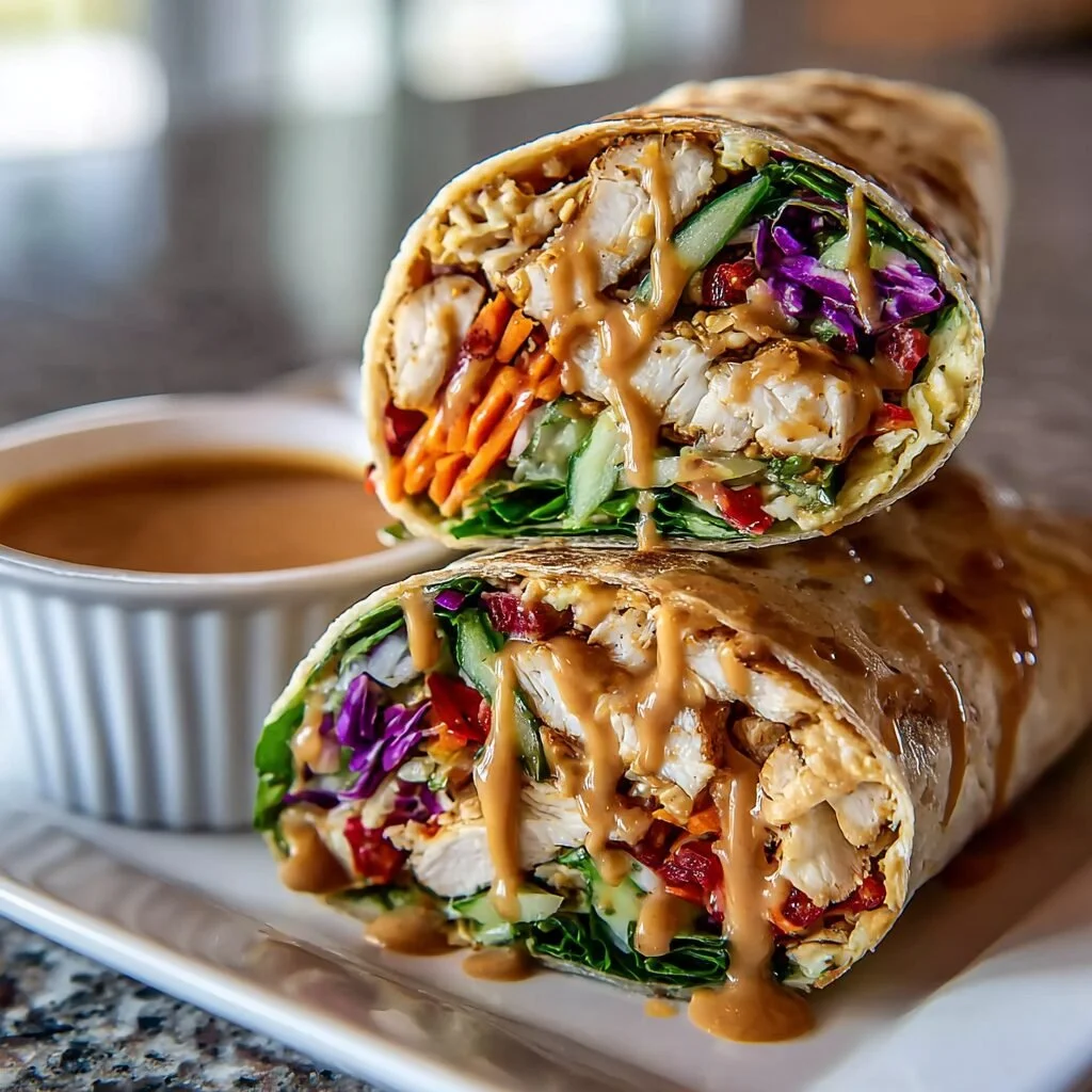Delicious Thai Peanut Chicken Wraps ready in 15 minutes with crunchy veggies