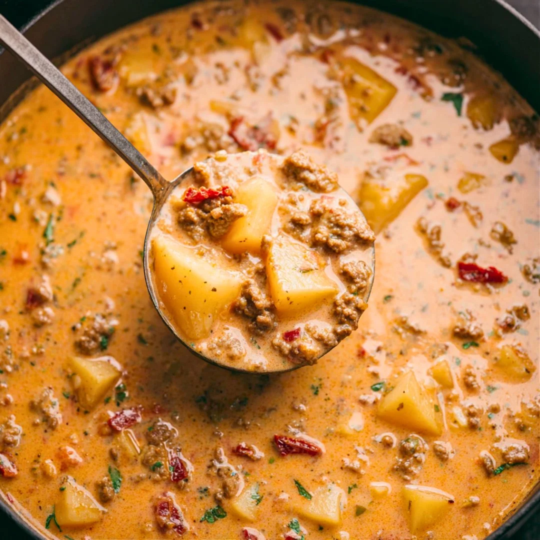 Delicious bowl of Tuscan Sausage and Potato Soup garnished with herbs.