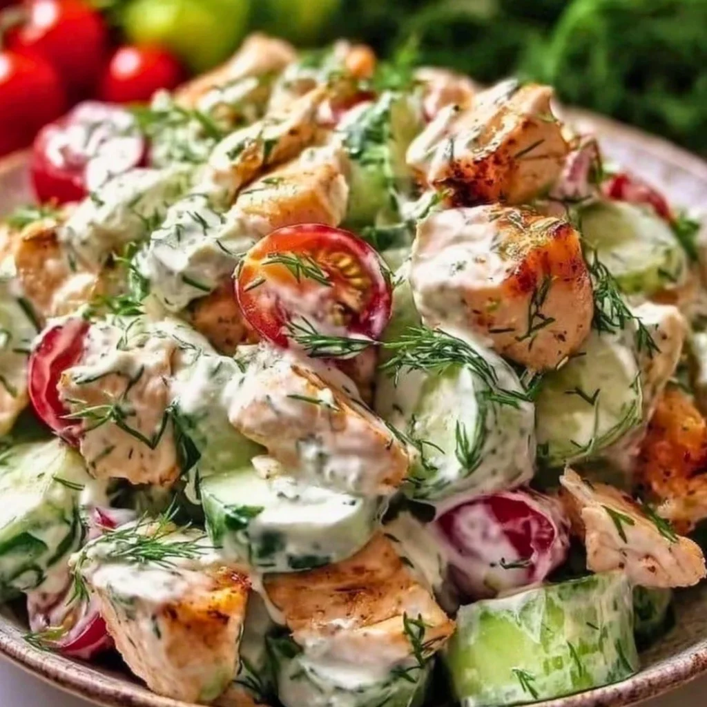 Delicious Tzatziki Chicken Salad served in a bowl with fresh vegetables