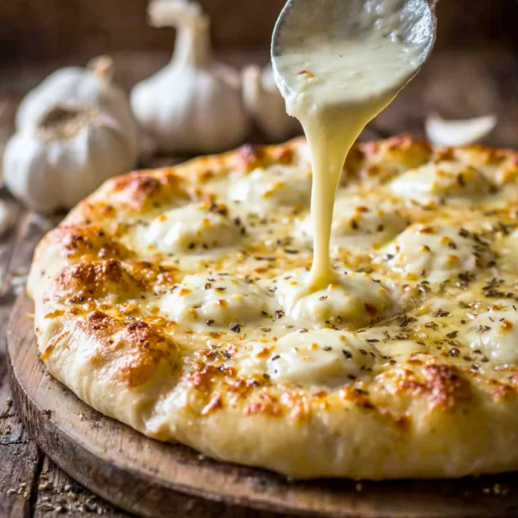 Creamy white garlic pizza sauce in a bowl, ideal for homemade pizzas
