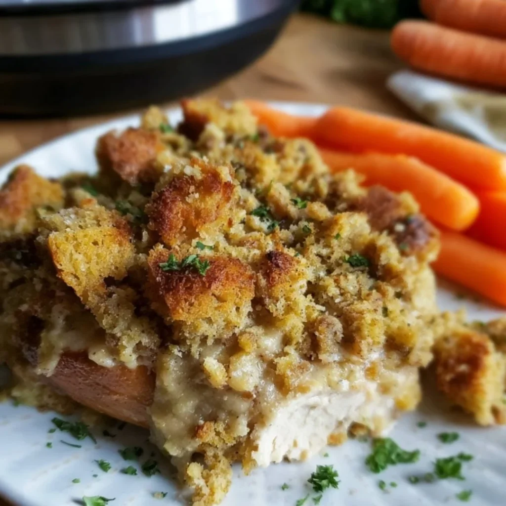 1980s slow cooker chicken dish with stuffing in a rustic setting