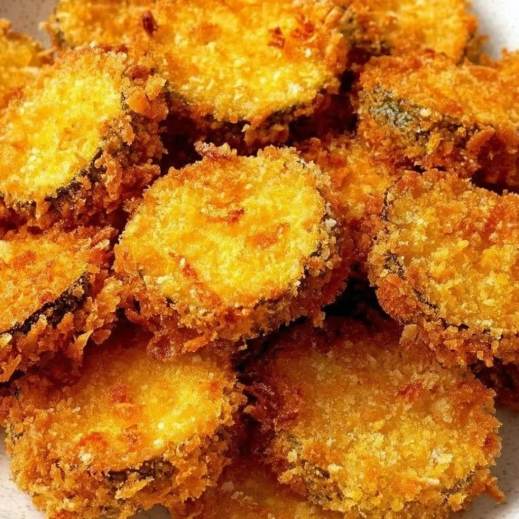 Crispy air fryer fried pickles served on a plate with dipping sauce