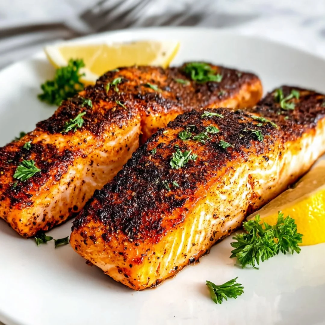 Delicious Air Fryer Salmon served on a plate with lemon and herbs.