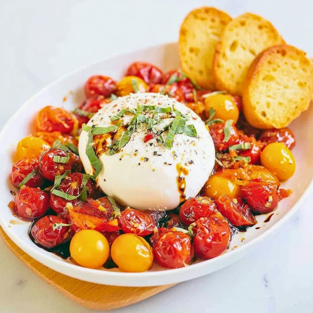 Delicious baked burrata served with herbs and toasted bread.