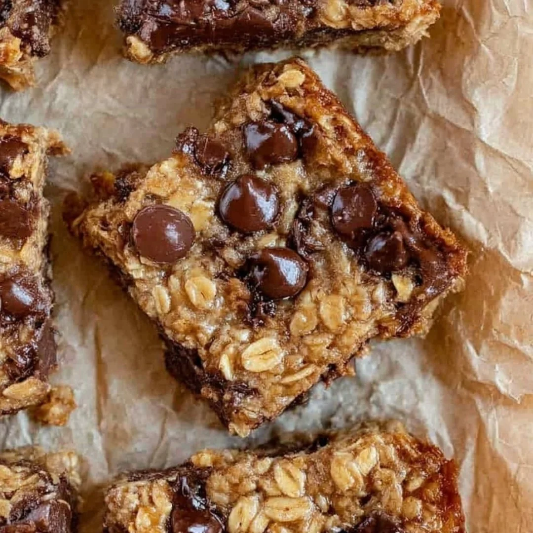 Delicious banana oatmeal bars topped with banana slices and oats