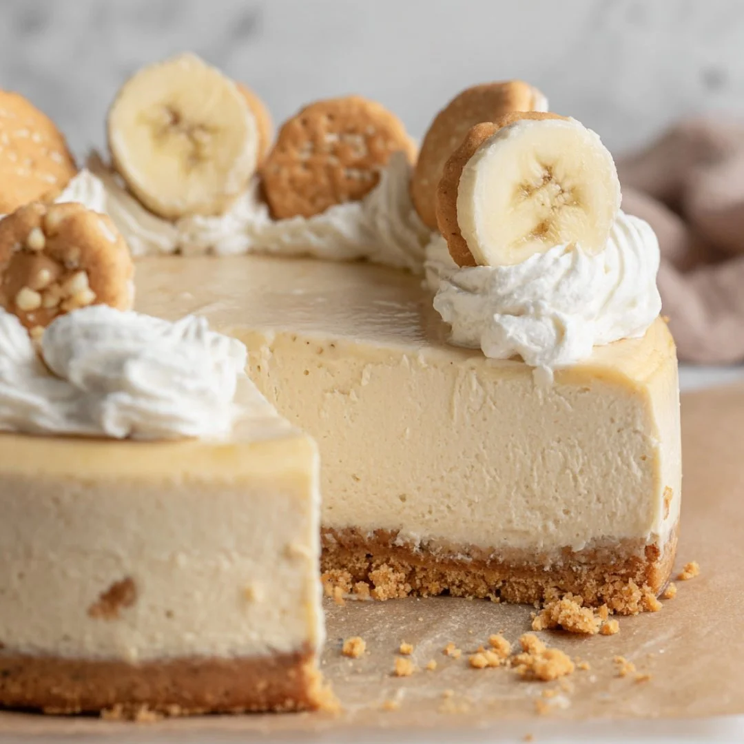 Delicious slice of banana pudding cheesecake topped with banana slices and whipped cream