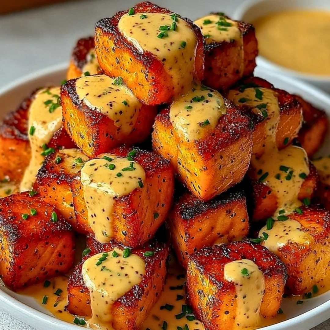 Crispy Bang Bang Salmon Bites with spicy sauce on a plate.