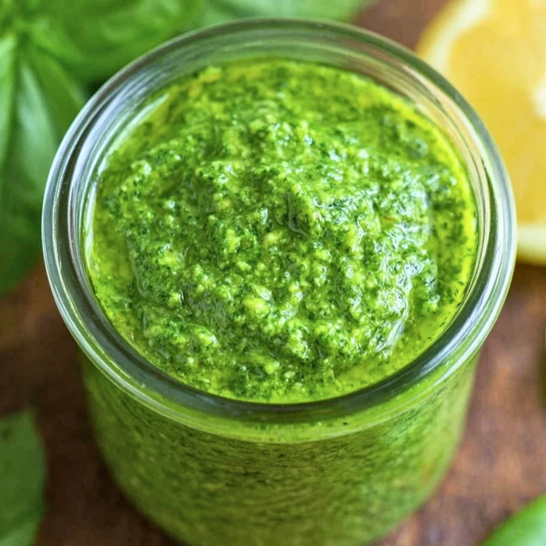 Homemade basil pesto sauce in a bowl with fresh basil leaves