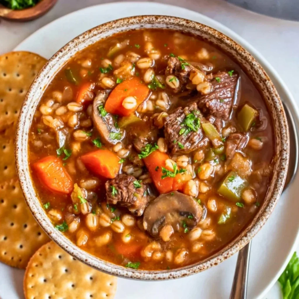 A bowl of delicious beef barley soup garnished with herbs and fresh vegetables.
