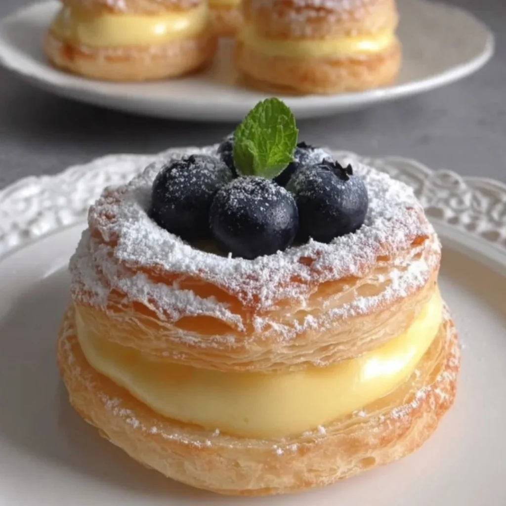Blueberry pastry rings with vanilla cream filling on a plate