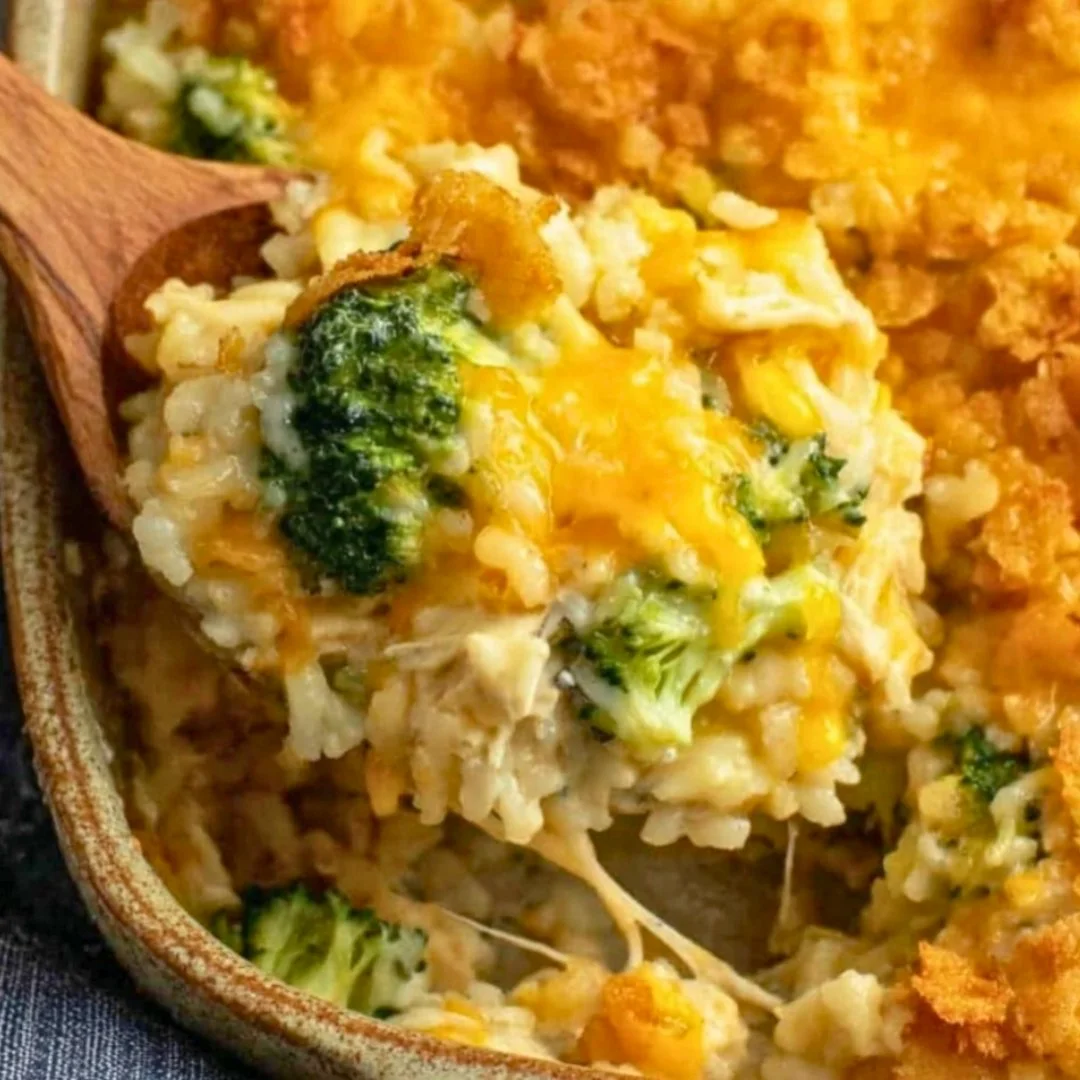 Creamy broccoli cheddar chicken and rice casserole baked dish with vegetables