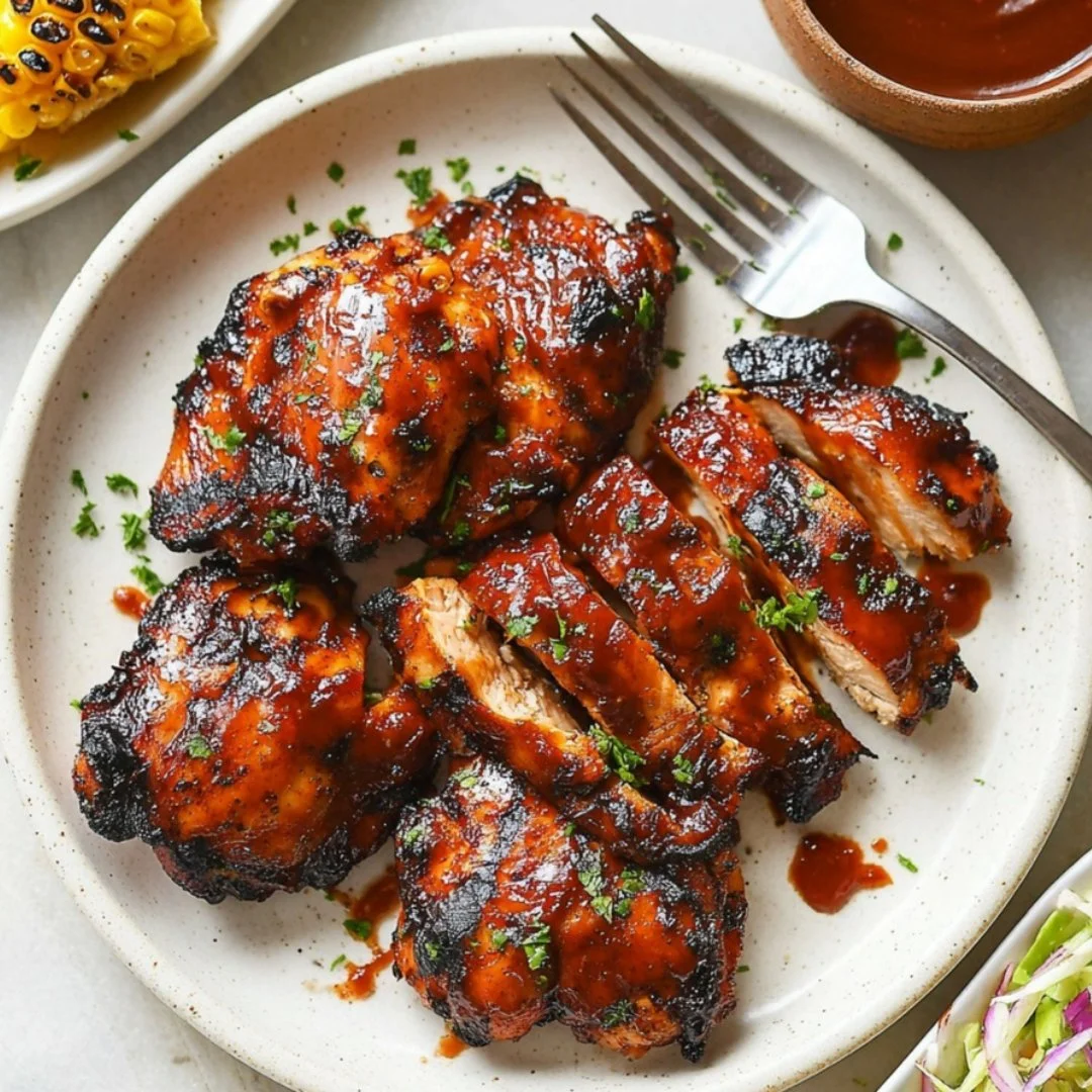 Oven-baked caramelized BBQ chicken thighs glazed to perfection