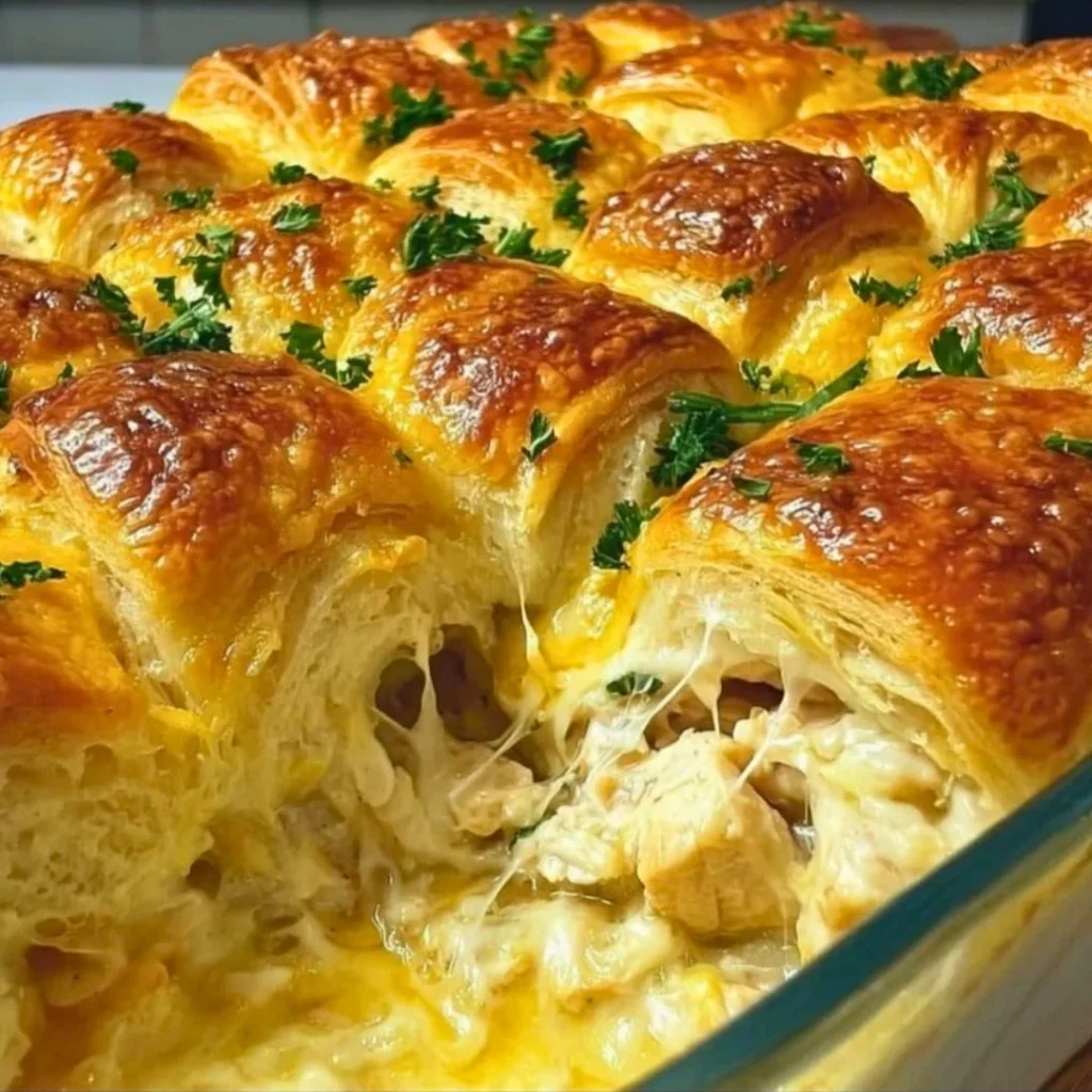 Cheesy Chicken Crescent Bake topped with melted cheese and flaky crust