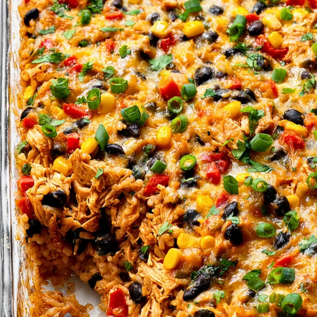 Delicious Chicken Burrito Casserole topped with cheese and fresh ingredients