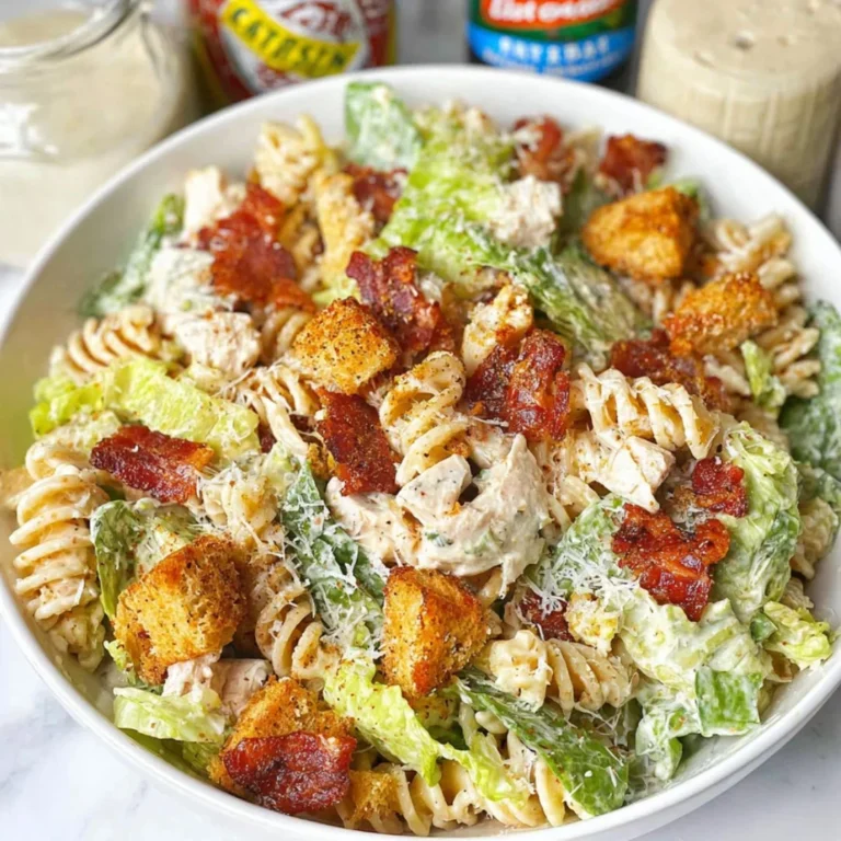 Delicious Chicken Caesar Pasta Salad with grilled chicken, romaine, and Caesar dressing