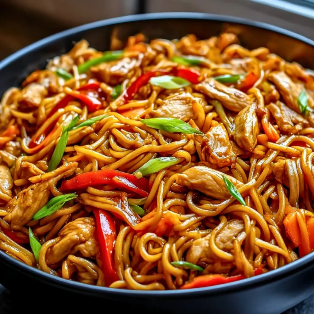 Delicious Chicken Lo Mein dish with noodles and colorful vegetables