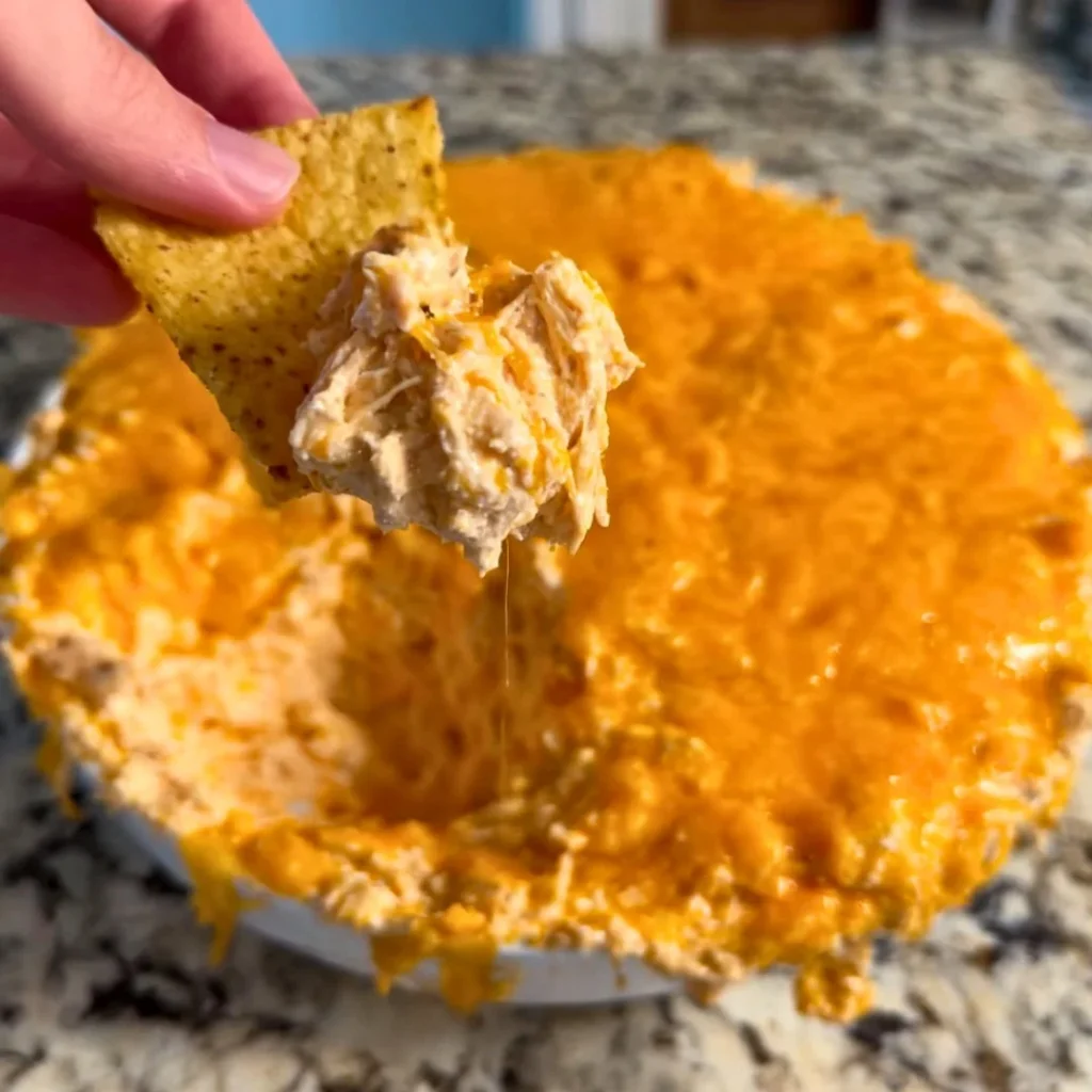 Creamy and cheesy Chicken Taco Dip served in a bowl with toppings.
