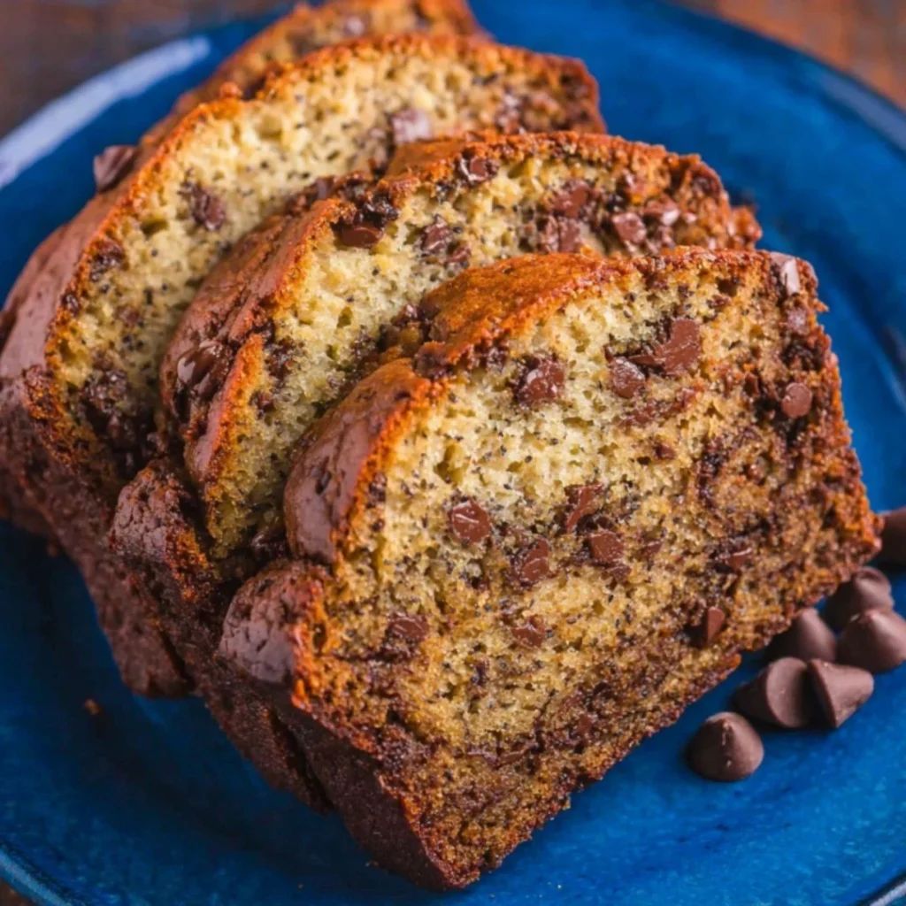 Moist chocolate chip banana bread sliced on a wooden board