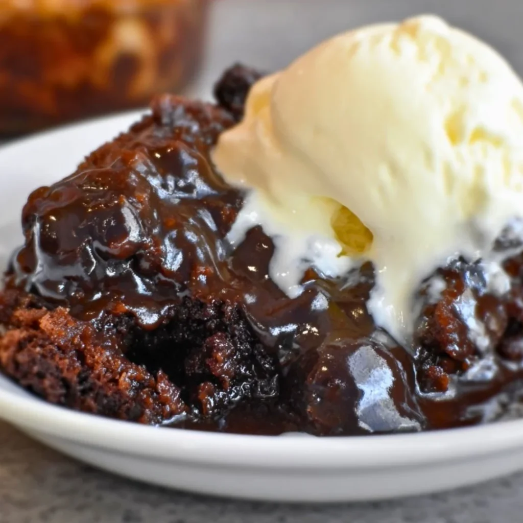Delicious Chocolate Cobbler dessert with a gooey chocolate topping and cake-like base.