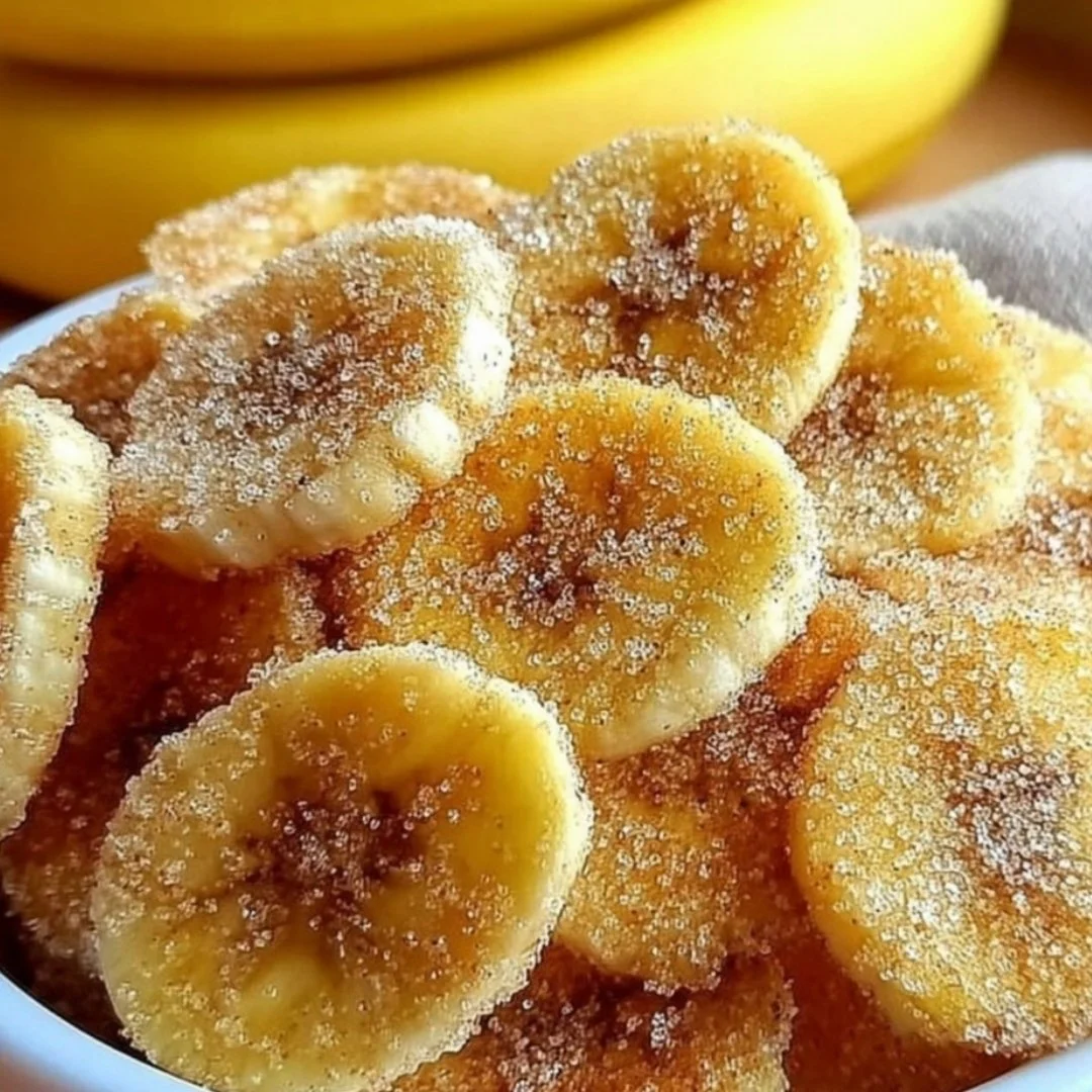 Cinnamon-sugar air fryer banana chips in a bowl